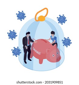 Global Financial Crisis Isometric Icon With Coronavirus Bacteria People And Their Savings Under Glass Dome Vector Illustration