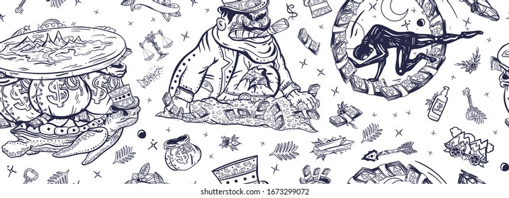 Global financial crisis. Wealth and poverty. Seamless pattern. Old school tattoo. Hamster wheel, mortgages, loans, taxes. Social inequality. Angry boss capitalist, flat Earth, turtle and bags of money