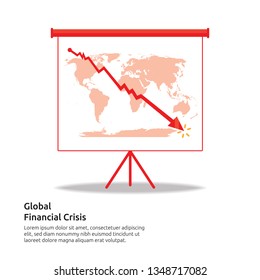 Global financial economic concept with red arrow decrease or drop own. arrow decrease economy stretching rising drop. lost crisis bankrupt declining. loss of income. vector illustration.