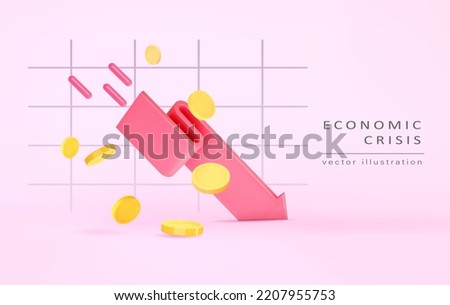 Global financial and economic crisis concept.Stock market and currency icon. 3d render red arrow falls down with the flying money. Stock market crash down. Vector illustration