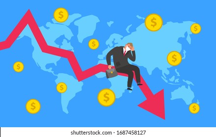 global financial economic crisis during coronavirus pandemic sad businessman in protective mask sitting on arrow chart vector illustration