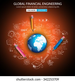 Concepto de Ingeniería Financiera Global con estilo de diseño Doodle: distribución de dinero, estudios, estrategias de inversión. Ilustración de estilo moderno para banners web, folletos y volantes.