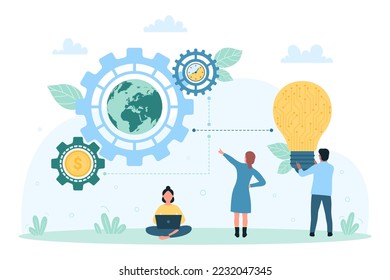 Global financial idea development organization vector illustration. Cartoon tiny people connect bright light bulb to gears with globe, money and clock inside, international trade support by employees