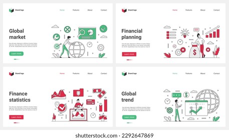 Global financial market planning and statistics, trend analysis set vector illustration. Cartoon tiny people research data charts, documents and report, budget and finance value, manager consulting