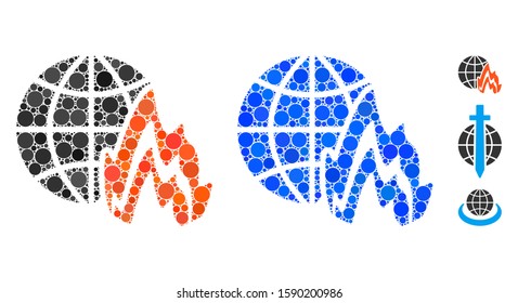 Global fire mosaic of round dots in different sizes and color hues, based on global fire icon. Vector round dots are combined into blue composition. Dotted global fire icon in usual and blue versions.