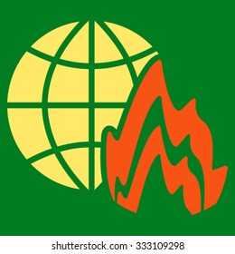 Global Fire vector icon. Style is bicolor flat symbol, orange and yellow colors, rounded angles, green background.