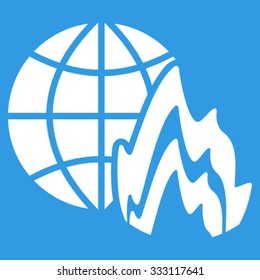 Global Fire vector icon. Style is flat symbol, white color, rounded angles, blue background.