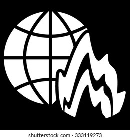 Global Fire vector icon. Style is flat symbol, white color, rounded angles, black background.