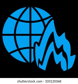 Global Fire vector icon. Style is flat symbol, blue color, rounded angles, black background.