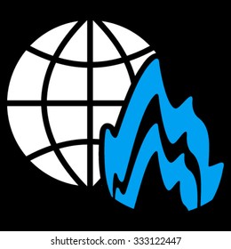Global Fire vector icon. Style is bicolor flat symbol, blue and white colors, rounded angles, black background.