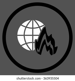 Global Fire vector icon. Style is bicolor flat circled symbol, black and white colors, rounded angles, gray background.