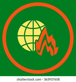 Global Fire vector icon. Style is bicolor flat circled symbol, orange and yellow colors, rounded angles, green background.