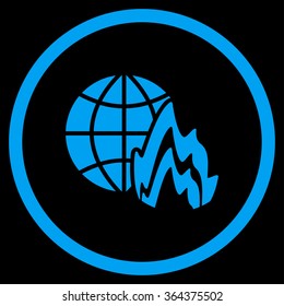 Global Fire vector icon. Style is flat circled symbol, blue color, rounded angles, black background.