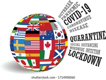 Global flags with covid-19 pandemic awareness conceptual design vector illustration