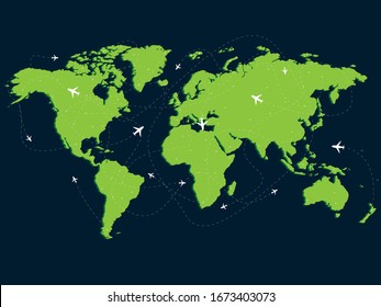 Global Flight Chart Concept, Green World Map, Plane Fly In Sky, Vector Illustration On Dark Background