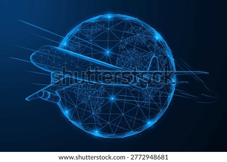Global flight network. A plane flying around the planet. The concept of aviation of the future, global transportation, digital transformation, technology and international mobility.