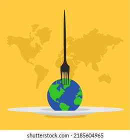 global food crisis, fork stuck in planet earth with map on background, planet on plate, world food crisis due to war and covid 19 pandemic, food export embargo, raw material export ban, planet on fork