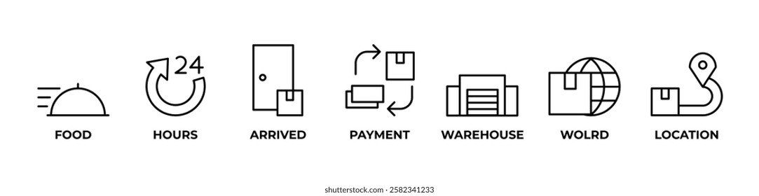 Global Food Logistics  icons set vector illustration blue with FOOD, HOURS, ARRIVED, PAYMENT, WAREHOUSE, WOLRD, LOCATION