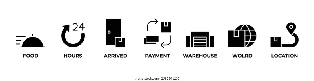 Global Food Logistics  icons set vector illustration blue with FOOD, HOURS, ARRIVED, PAYMENT, WAREHOUSE, WOLRD, LOCATION