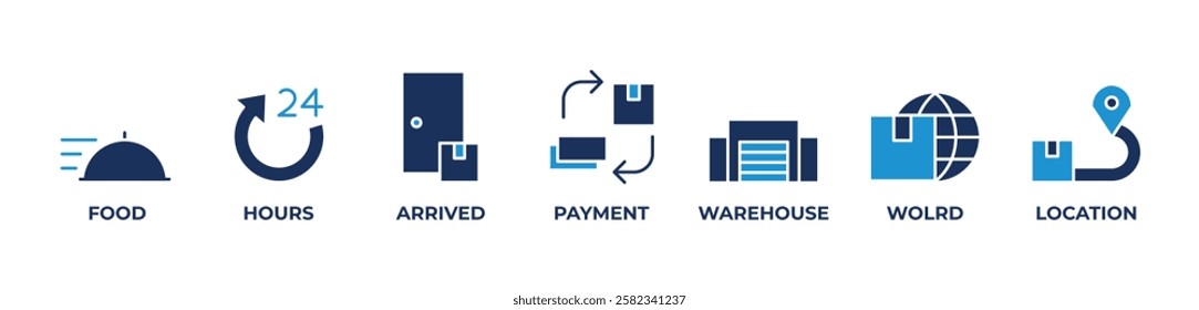 Global Food Logistics  icons set vector illustration blue with FOOD, HOURS, ARRIVED, PAYMENT, WAREHOUSE, WOLRD, LOCATION