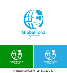 Global Food Logo Design Template. Global World Food Restaurant Cafe Spoon Fork Glass Logo Icon Symbol Design Illustration.