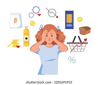 Global food shortages and high prices. A shocked red-haired woman surrounded by scarce food. Inflation. Crysis. Vector illustration