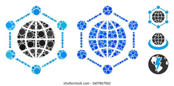 Global frame mosaic of small circles in variable sizes and color tones, based on global frame icon. Vector small circles are combined into blue mosaic.