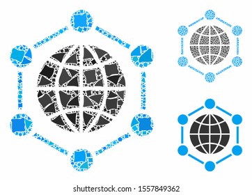 Global frame mosaic of tremulant items in variable sizes and shades, based on global frame icon. Vector irregular parts are organized into mosaic. Global frame icons collage with dotted pattern.