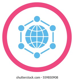 Global Frame vector bicolor rounded icon. Image style is a flat icon symbol inside a circle, pink and blue colors, white background.