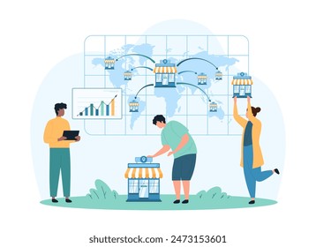 Global franchise business development, corporate company expansion and distribution. Tiny people pin new small model of restaurant, office or retail shop on world map cartoon vector illustration