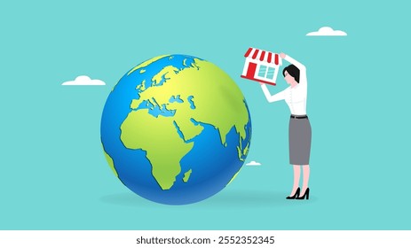 global franchise business expansion. franchise in new location to cover all continent. growing business with new franchise, Businesswoman put new franchise on world map across globe