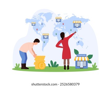 Global franchise expansion around world, business empire development. Tiny people pointing at location pins of branches, small building of office, shop or restaurant on map cartoon vector illustration