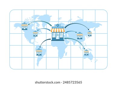 Global franchise expansion concept with stores linked across a world map, symbolizing international business growth. Visual elements include storefronts and connecting arrows vector illustration.