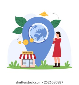 Global franchise expansion growth, open company branches with partners. Tiny woman with Earth globe inside location pointer, small building model of shop or restaurant cartoon vector illustration