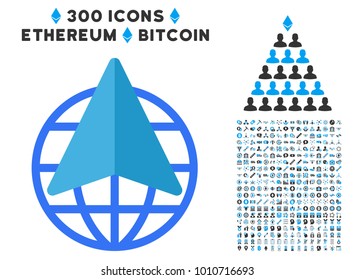 Global Freelance icon with 3 hundred bonus bitcoin mining icons. Vector illustration style is flat iconic symbols designed for ethereum software.