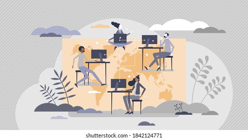 Global freelancing with work outsourcing around world tiny person concept. International workplace as non specific location for piecework jobs vector illustration. Online employees for distant project