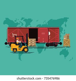 Global freight railway delivery service abstract vector illustration with railway freight box car and forklift carrying pallet of goods