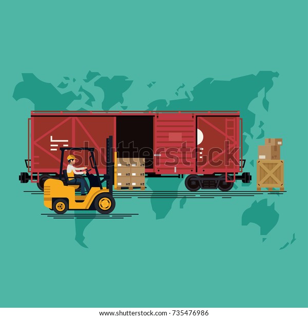 Global freight railway delivery service abstract\
vector illustration with railway freight box car and forklift\
carrying pallet of\
goods