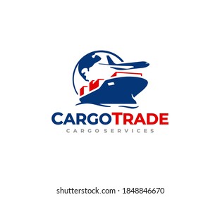 Global freight transportation logo design. International trade and logistic vector design. Sea and air cargo services logotype