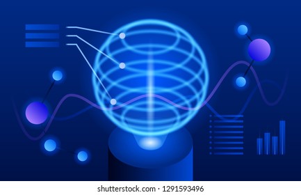 Global futuristic visualisation banner. Isometric illustration of global futuristic visualisation vector banner for web design