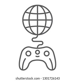 Global game thin line icon, play and world, globe with joystick sign, vector graphics, a linear pattern on a white background, eps 10.