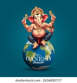 Global Ganesh Chaturthi design with Lord Ganesha idol on planet Earth against blue background – great for international celebration themes, cards, and marketing visuals