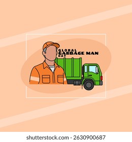 Global Garbage Man Day to celebrate on June 17th. Illustration of a sanitation worker with a garbage truck on beige background.