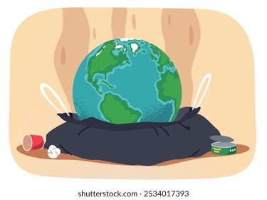 Global garbage pollution ecology problem. Earth globe in plastic bag with trash waste. World environment crisis, saving nature, planet protection, ecological damage concept flat vector illustration