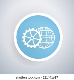 Global and gear icon on blue button background, clean vector