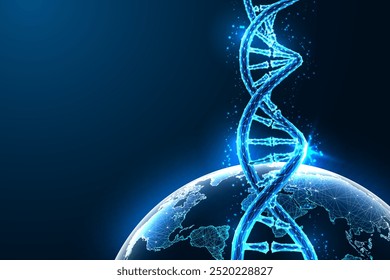 Global genetics, biotechnology, and environmental research for sustainability futuristic concept with DNA strand floating over Earth on dark blue background. Glowing low polygonal vector illustration