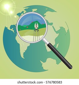 Global geodetic work in the world. Vector illustration of surveying under a magnifying glass on the background of the globe.