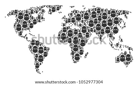 Global geography atlas composition designed of terrorist balaklava pictograms. Vector terrorist balaklava pictograms are organized into mosaic continental pattern.
