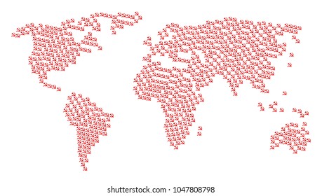 Global geography atlas pattern created of sickle and hammer elements. Vector sickle and hammer elements are composed into geometric geographic map.