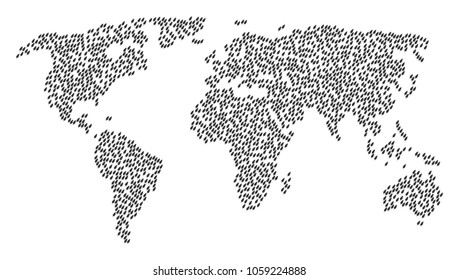 Global geography concept map composed of feather elements. Vector feather scattered flat icons are organized into geometric international plan.